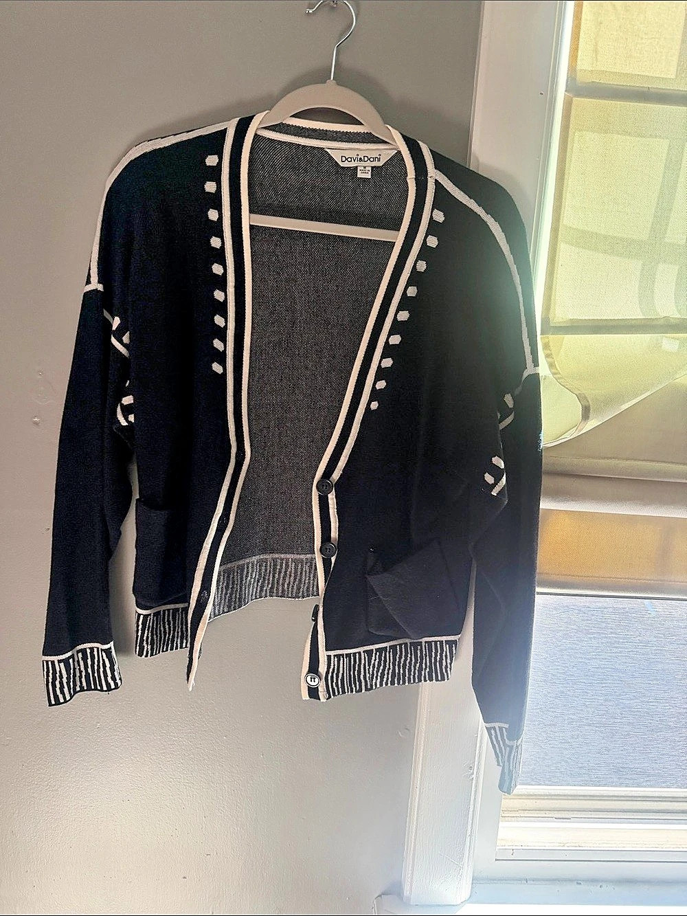 Chico's Fringe Trim Cardigan in Black & White Like New